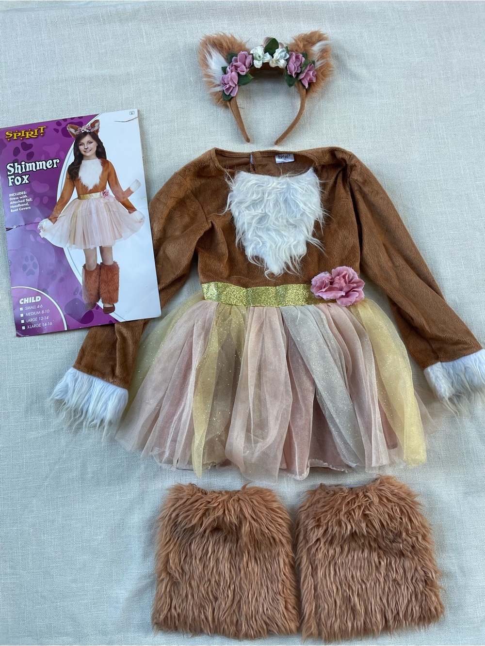 Spirit Shimmer Fox Kids Costume - Brown, Pink & Gold Tulle Dress with Headband